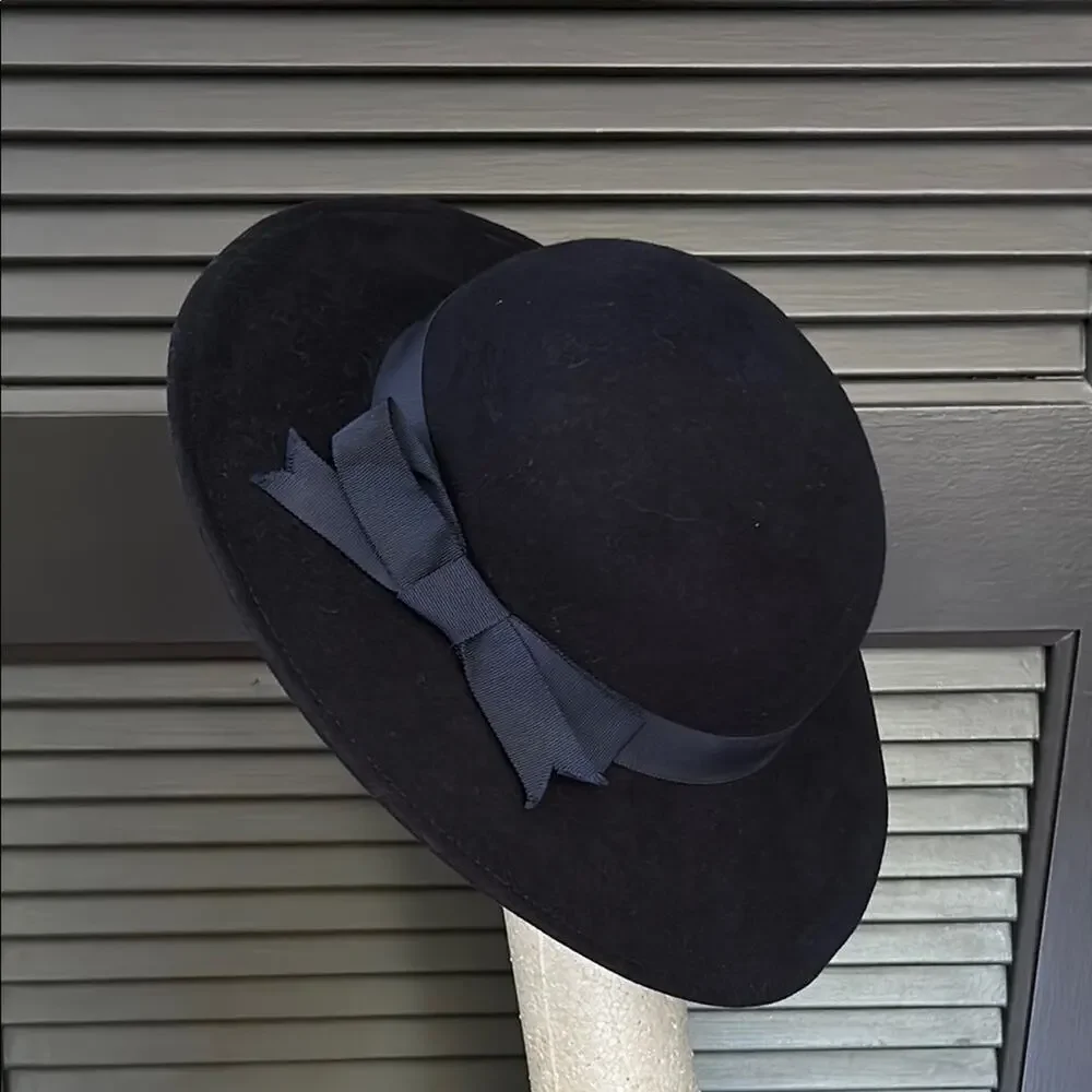 Vintage Dark Navy The Field Company Wool Hat with Grosgrain Band and Bow